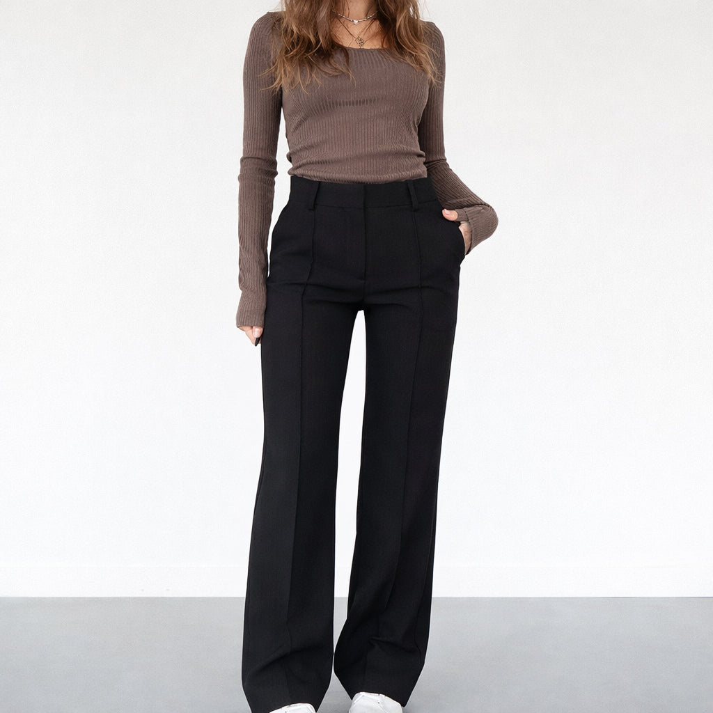 Women's high waisted wide leg trousers, full length front view