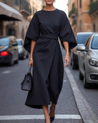 Women's belted kimono sleeve midi dress, full-length front view
