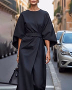 Back view of belted midi dress with kimono sleeves