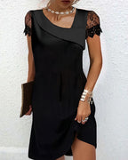 Black mini dress with lace sleeves and asymmetric neckline, front view