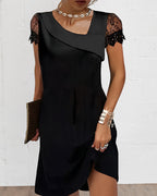 Asymmetric neckline detail on black mini dress