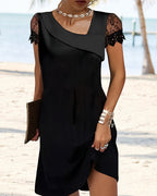 Model in black lace dress, three-quarter angle pose