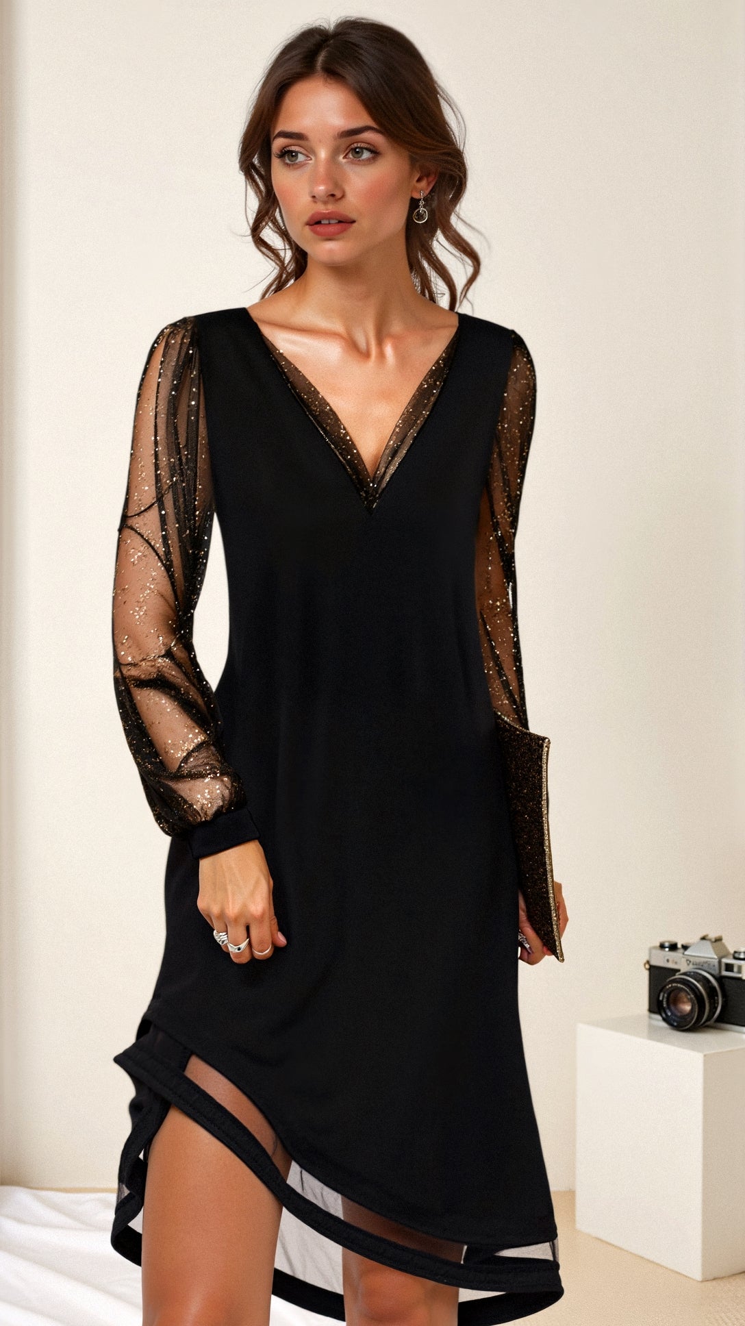 Women's Black Mesh Sleeve V-Neck Embellished Midi Dress