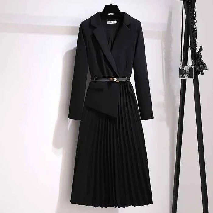 Women's Pleated Belted Blazer Midi Dress