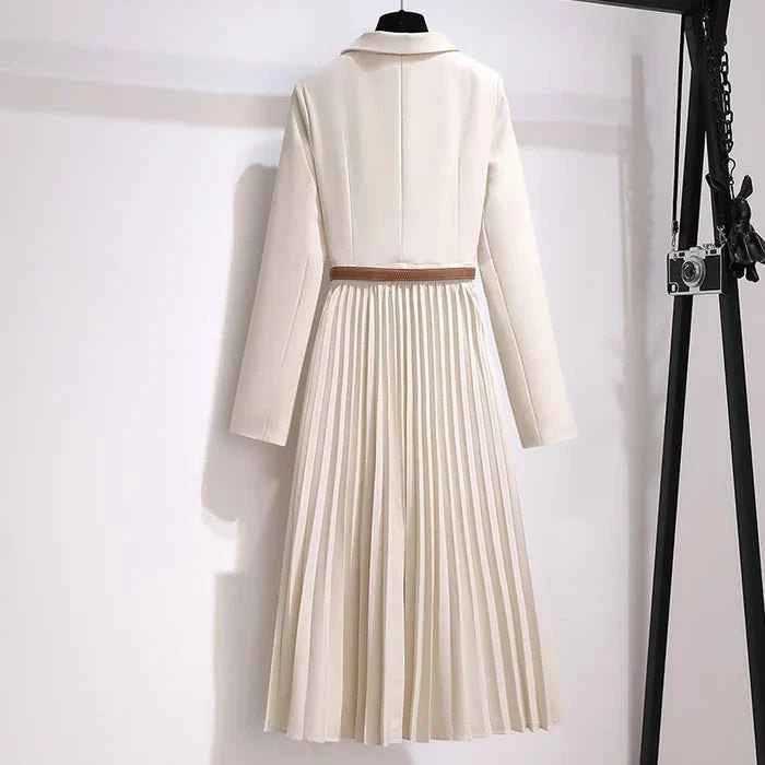 Women's Pleated Belted Blazer Midi Dress