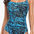 Full length front pose wearing ruched one piece swimsuit