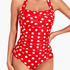 Three-quarter angle view of halter swimsuit fit and drape
