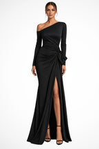 Black satin one-shoulder maxi dress with draped waist, front view