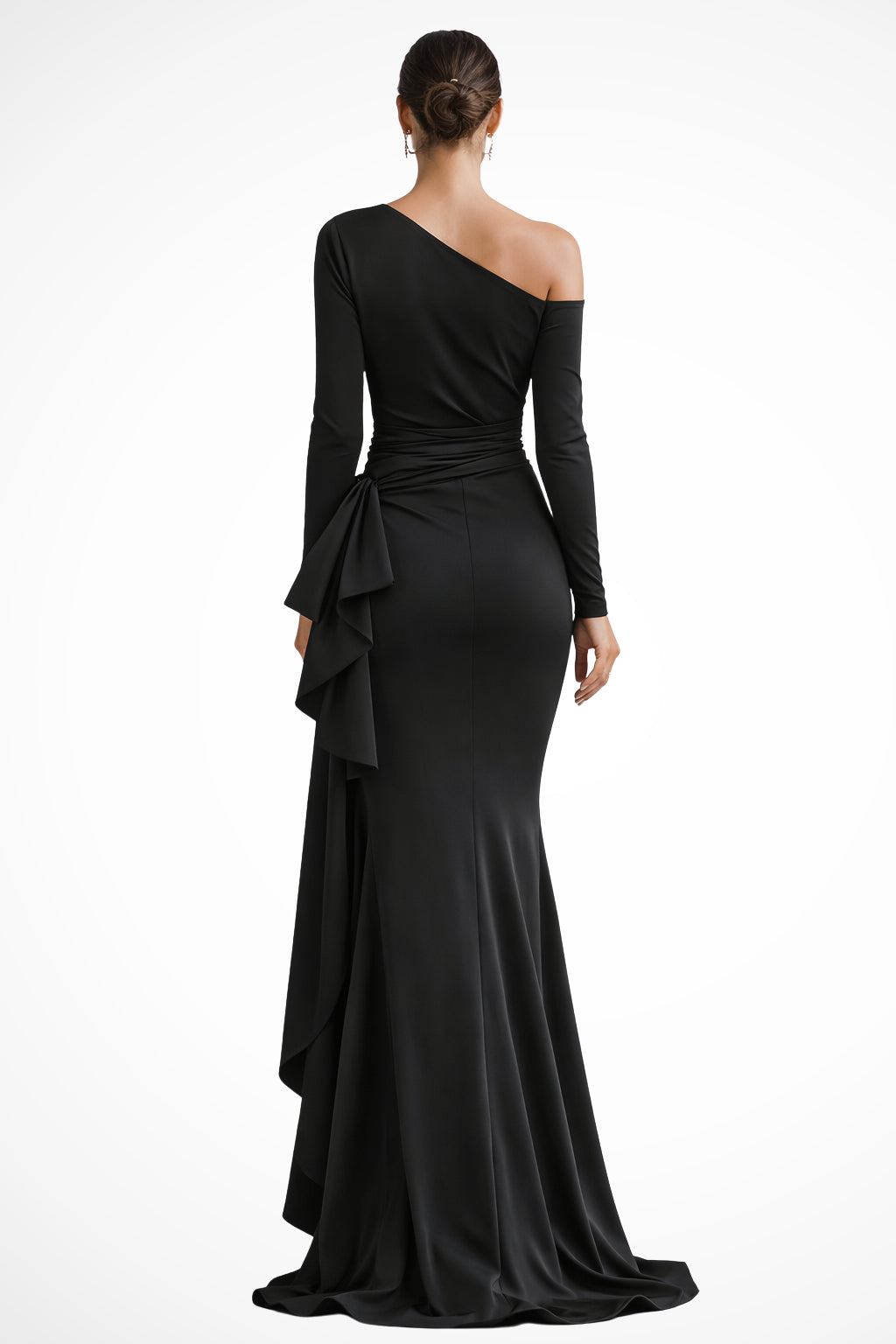 Model wearing black maxi dress, side profile showing dramatic slit