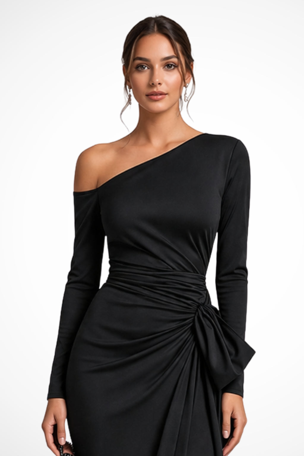 Close-up of one-shoulder neckline and draped waist detail