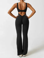 Women's sleeveless cutout flare leg jumpsuit, front view