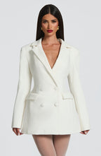 Side angle showing dress length and structured sleeve fit