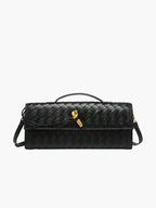 Women's woven leather clutch bag with gold button fastening, front view
