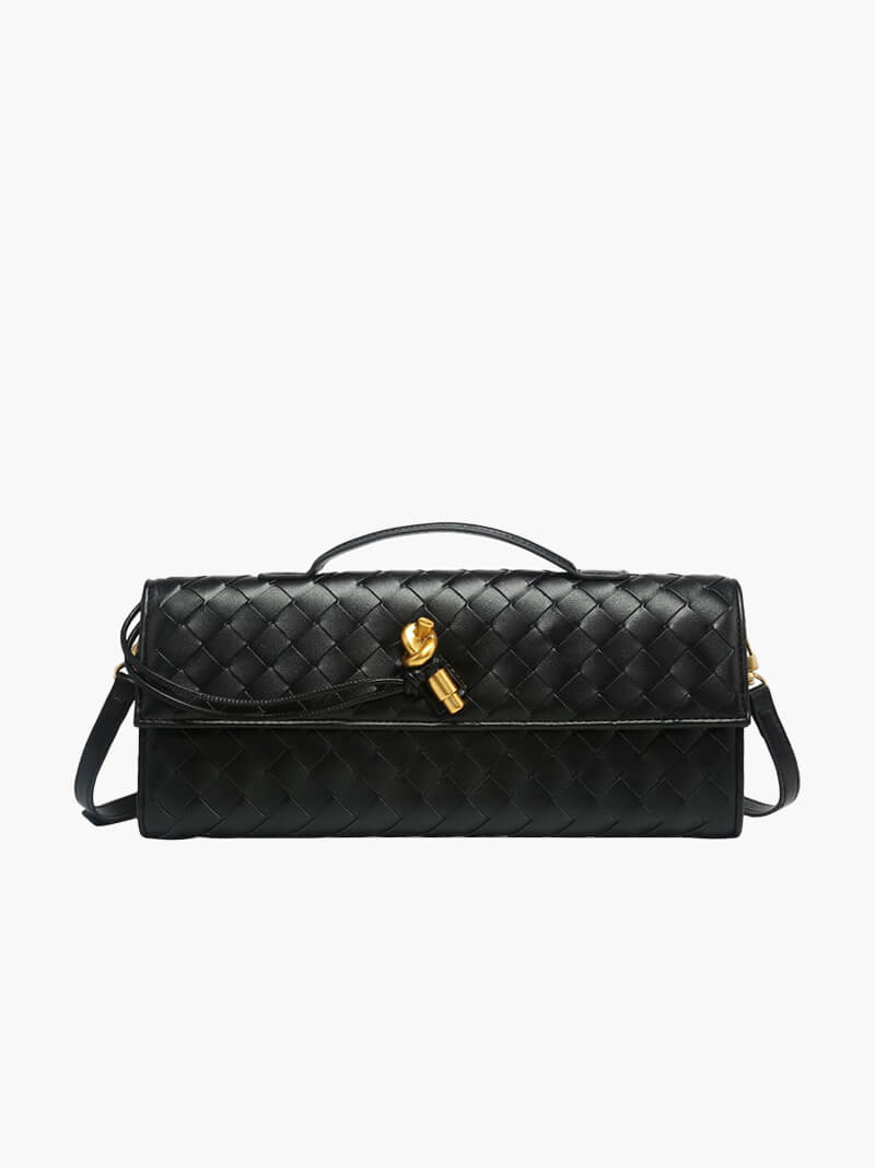 Women's woven leather clutch bag with gold button fastening, front view