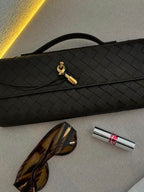Women's Woven Leather Gold Button Clutch Bag