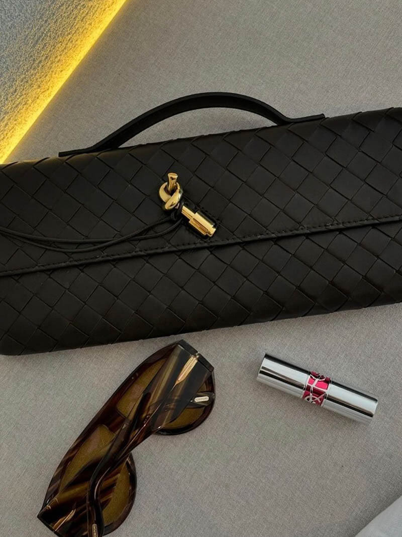 Women's Woven Leather Gold Button Clutch Bag