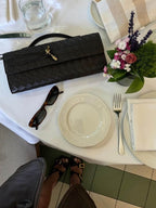 Women's Woven Leather Gold Button Clutch Bag