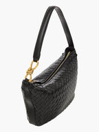 Women's woven leather shoulder bag with gold-tone hardware, front view