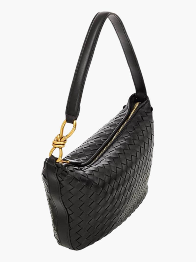 Women's woven leather shoulder bag with gold-tone hardware, front view