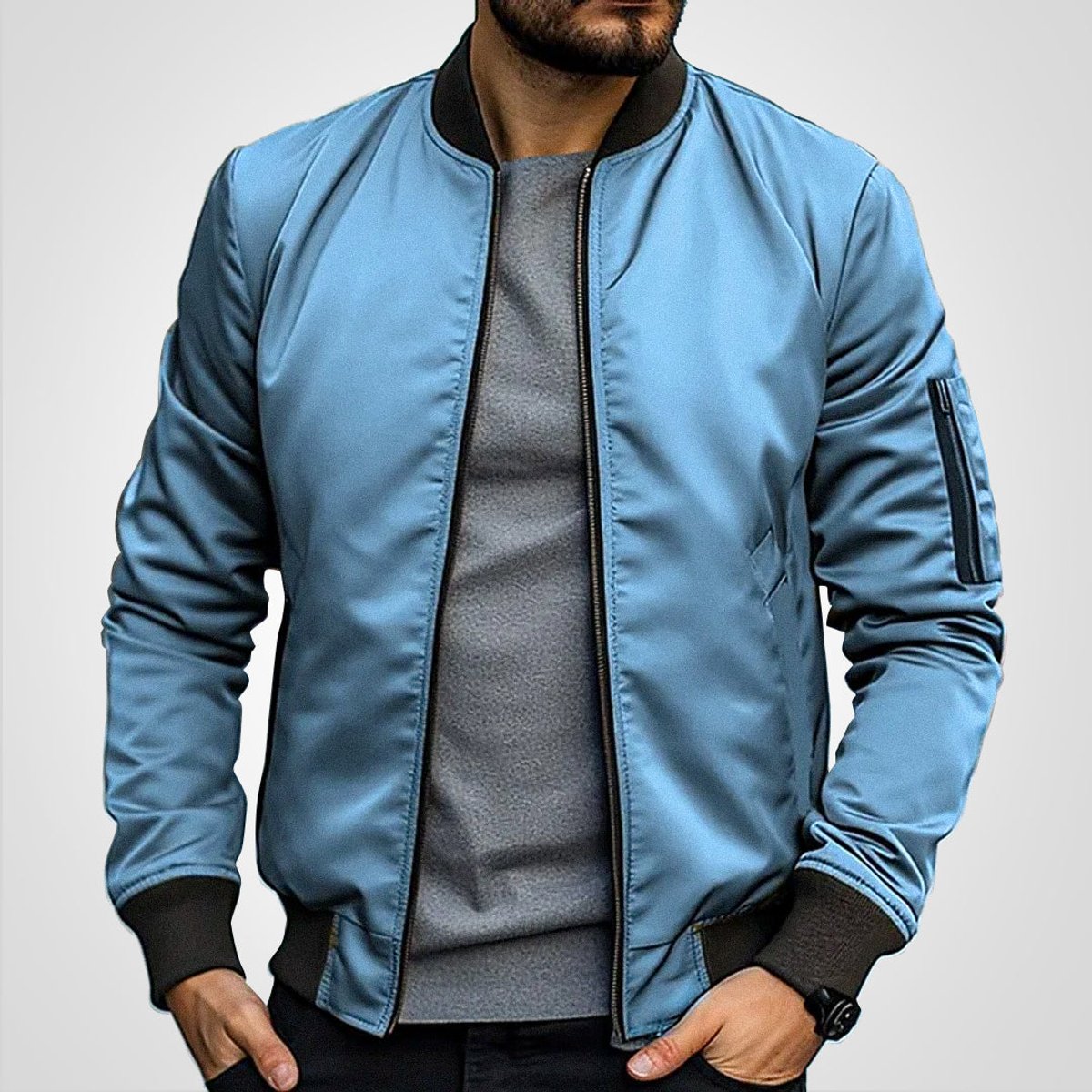 Blouson aviateur zippé à poche manche bleu pour homme