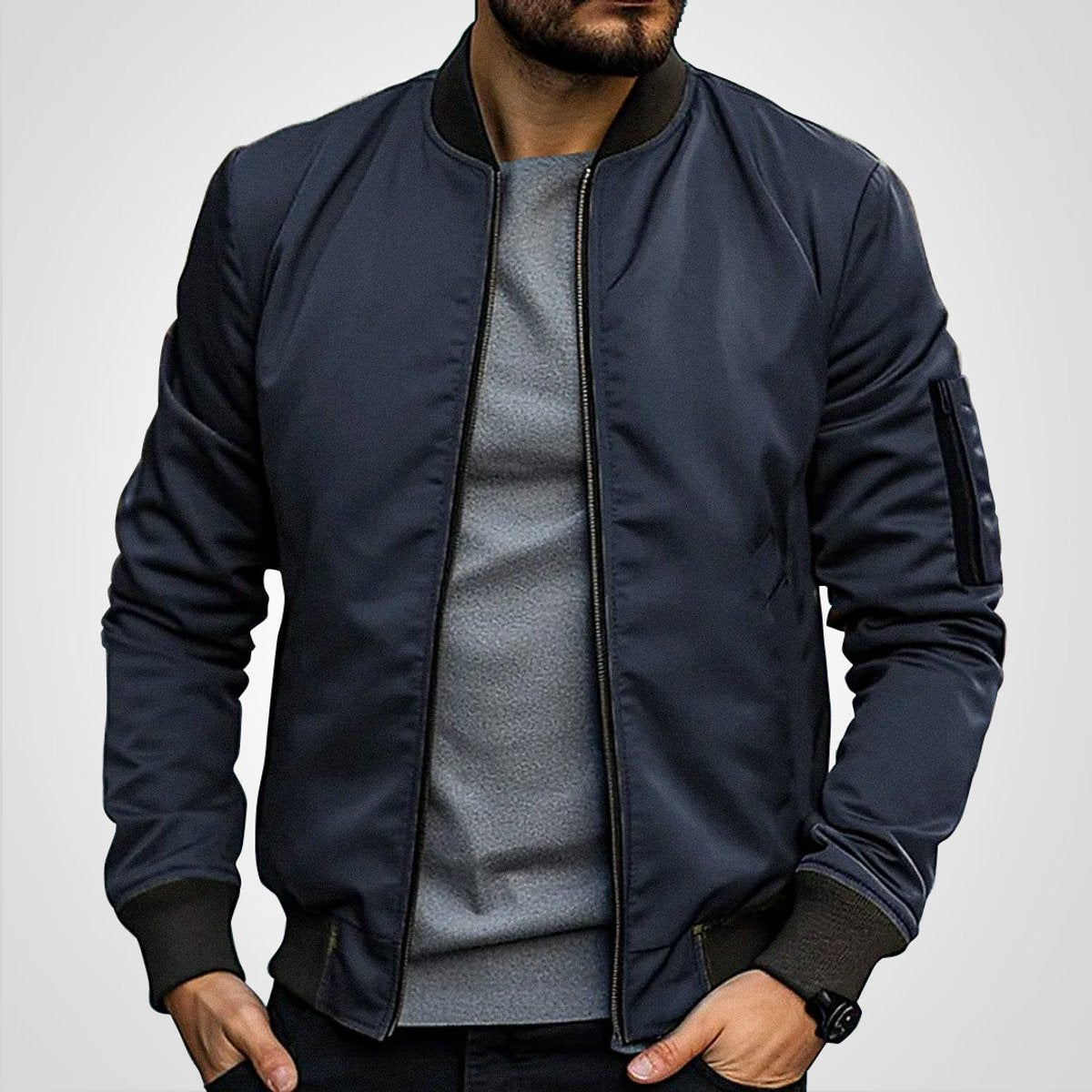 Blouson aviateur zippé à poche manche bleu marine foncé pour homme