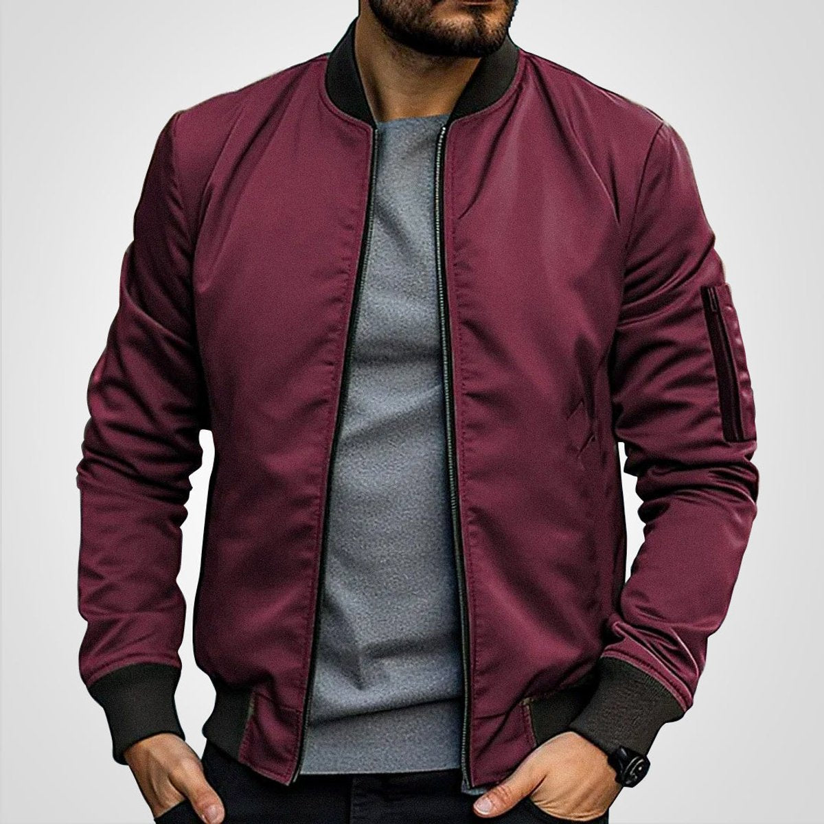 Blouson aviateur zippé à poche manche bordeaux pour homme