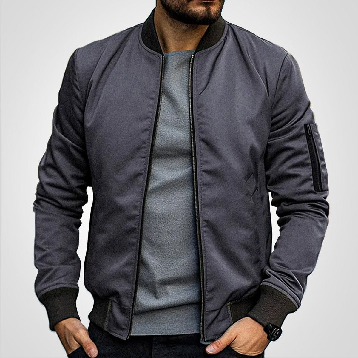 Blouson aviateur zippé à poche manche gris foncé pour homme