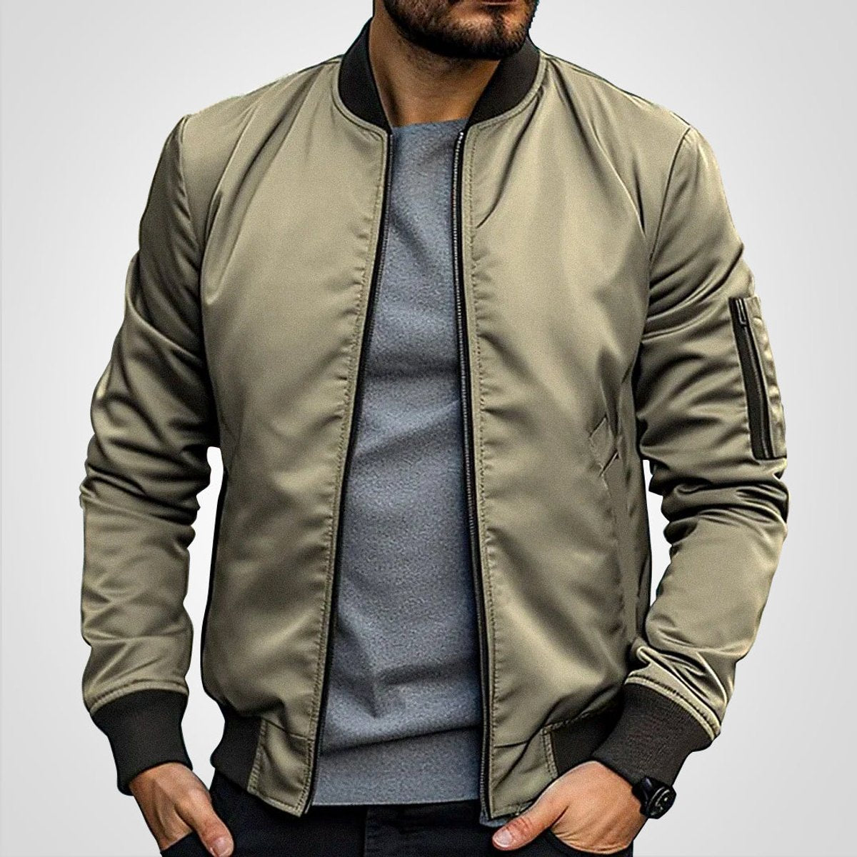 Blouson aviateur zippé à poche manche kaki pour homme