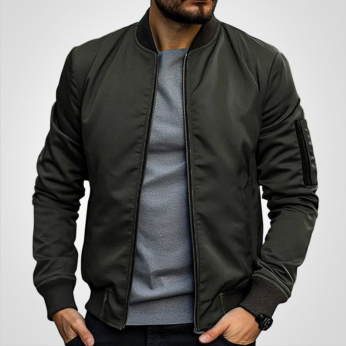 Blouson aviateur zippé à poche manche vert olive pour homme