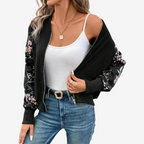 Bomber noir manches florales fermeture zip pour femme – vue 3