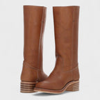 Bottes hautes à talon bloc et surpiqûres marron pour femme