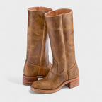 Bottes hautes à talon bloc et surpiqûres marron clair pour femme