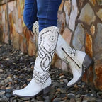 Bottes hautes cloutées style western bout pointu blanc pour femme