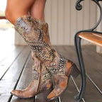 Bottes hautes cloutées style western bout pointu marron pour femme