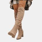 Bottes hautes stretch talon bloc beige pour femme