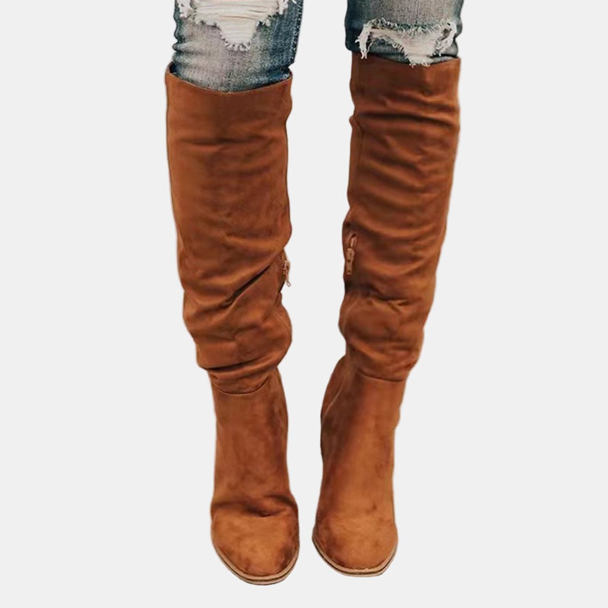 Bottes hautes stretch talon bloc marron pour femme