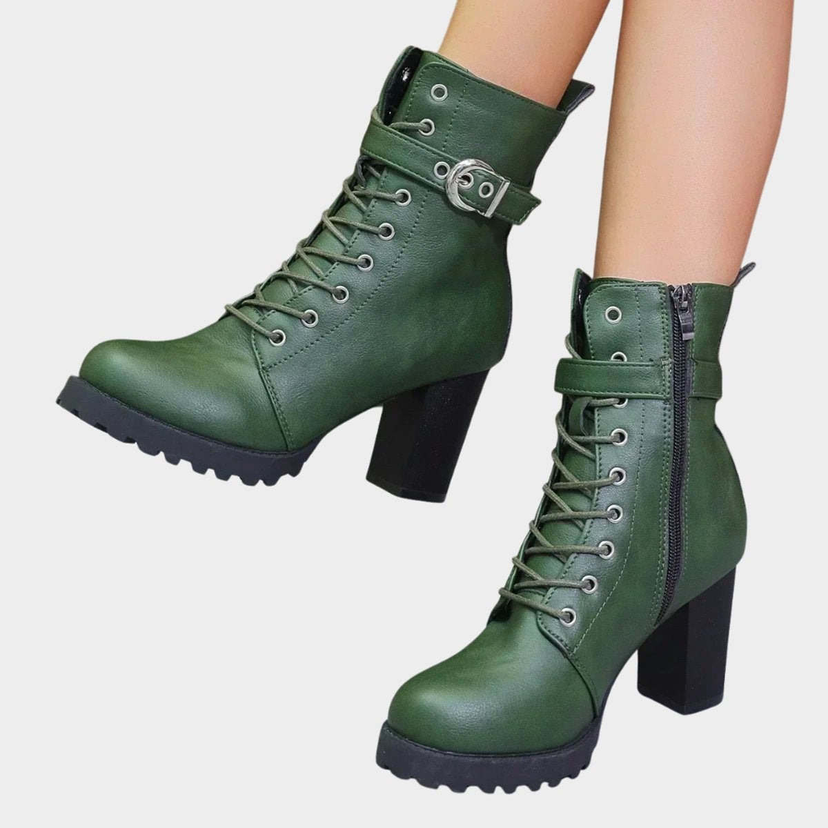 Bottines à lacets talon bloc avec boucle vert pour femme