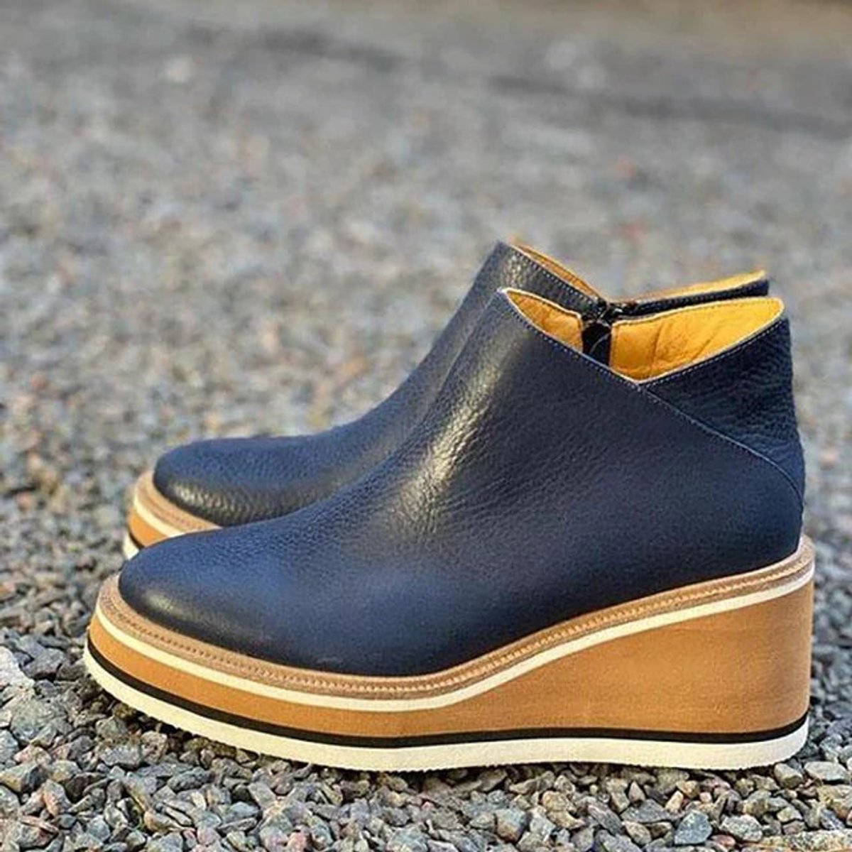 Bottines compensées plateforme rayée zip latéral bleu marine foncé pour femme