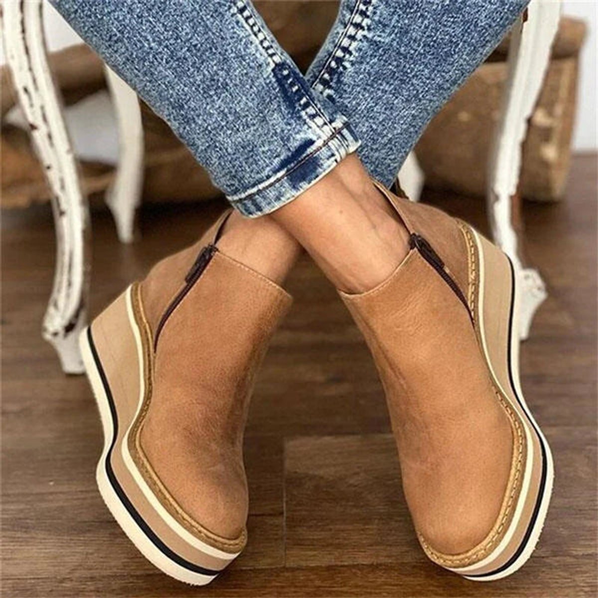 Bottines compensées plateforme rayée zip latéral pour femme