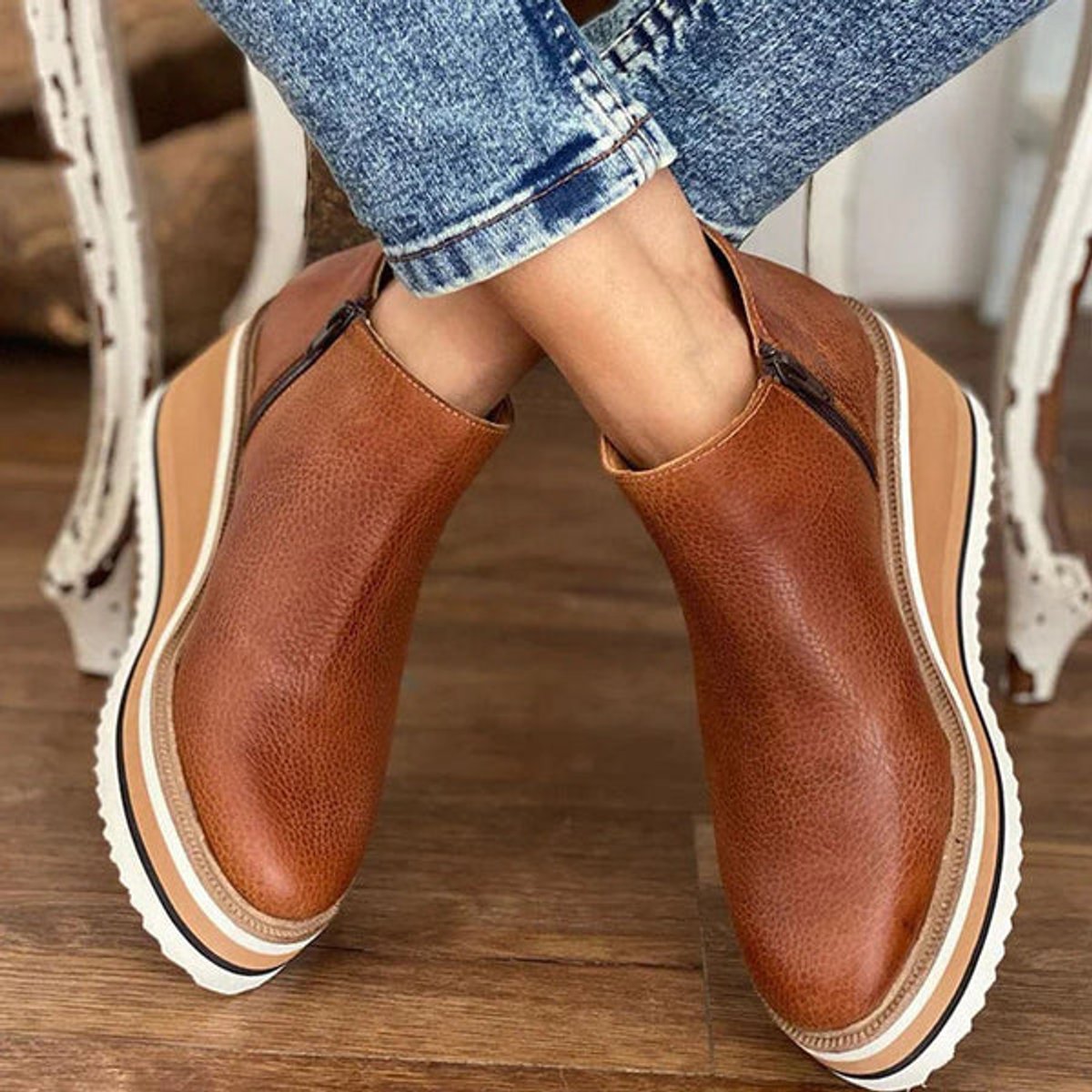 Bottines compensées plateforme rayée zip latéral marron foncé pour femme