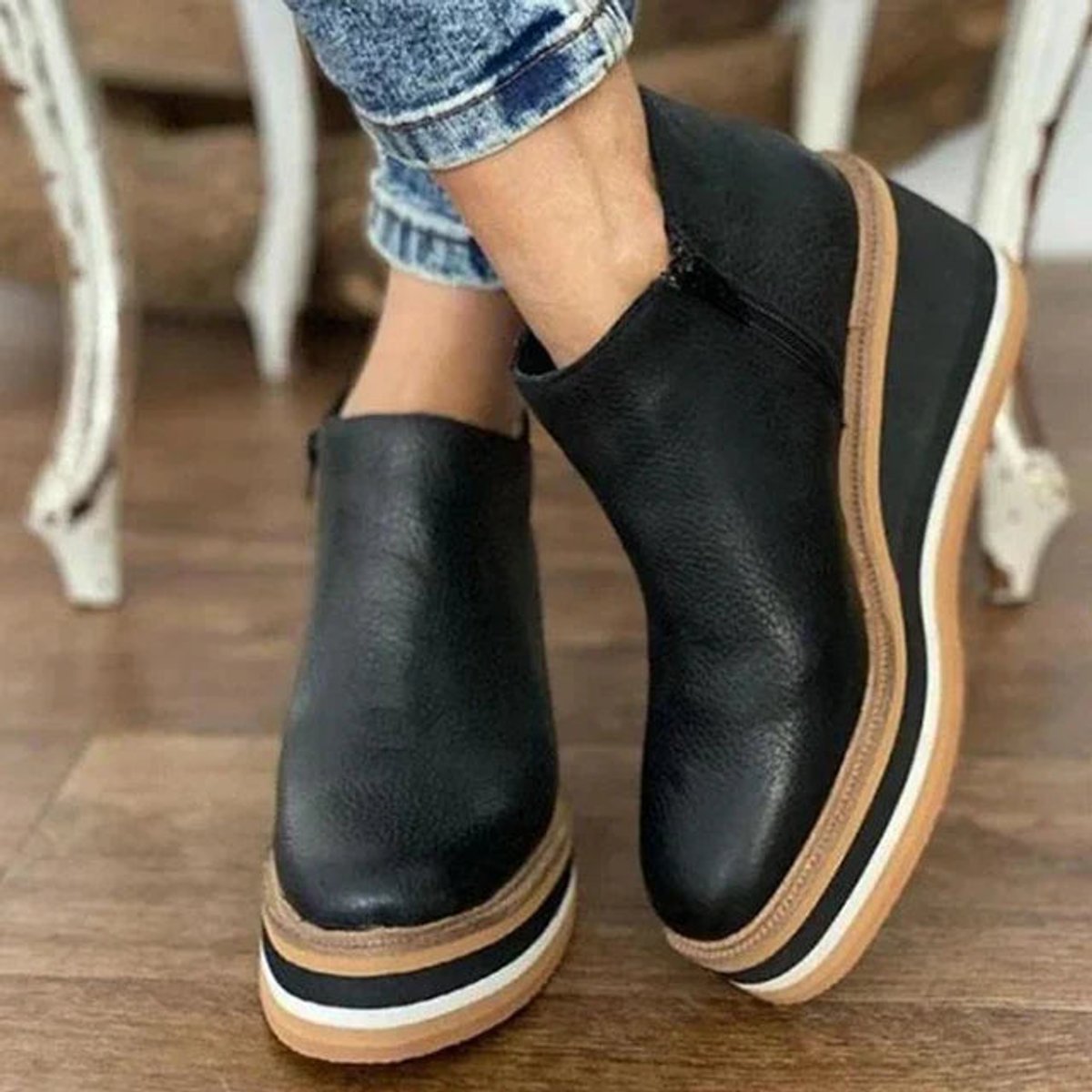 Bottines compensées plateforme rayée zip latéral noir pour femme