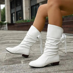 Bottines mi-mollet froncées à lacet et talon bloc pour femme – vue 11