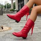 Bottines mi-mollet froncées à lacet et talon bloc rouge pour femme