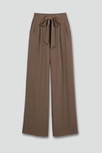 Brown wide leg palazzo trousers with drawstring waist, front view