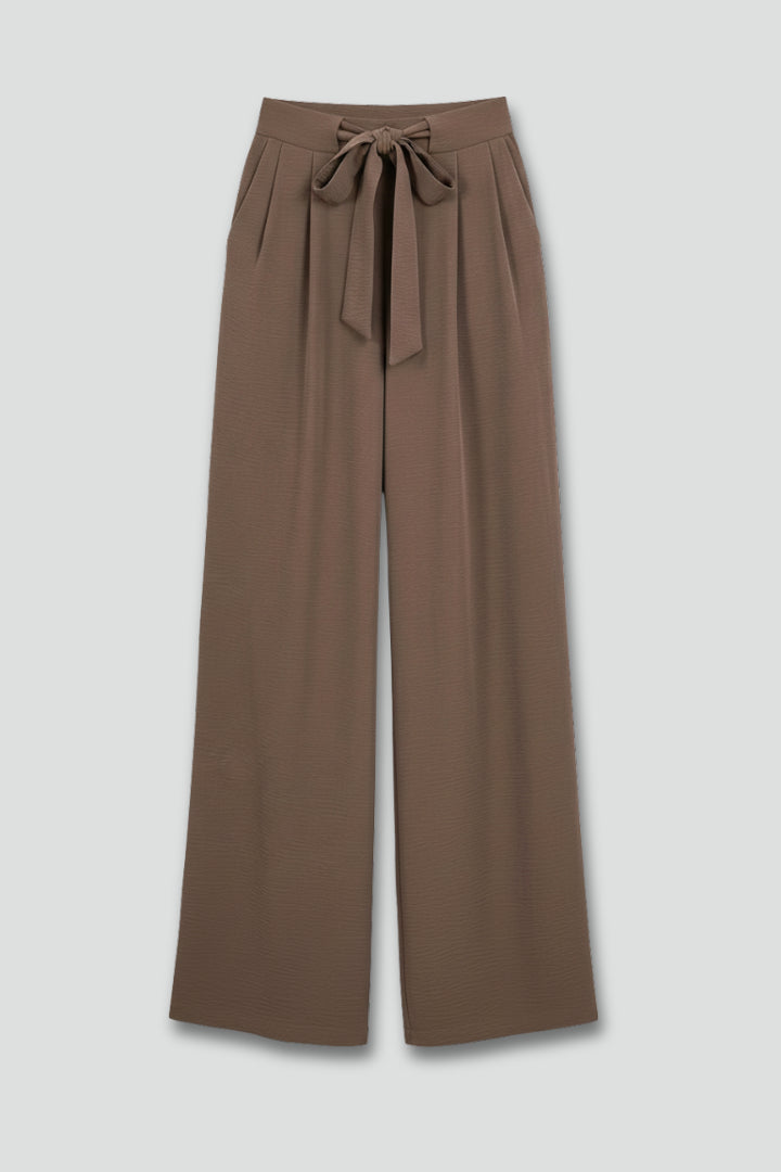 Brown Wide Leg Drawstring Waist Palazzo Trousers for Women