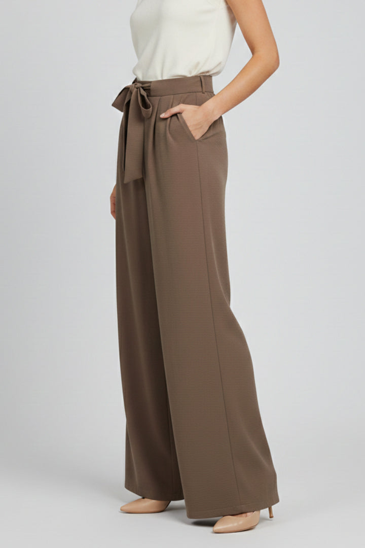 Brown Wide Leg Drawstring Waist Palazzo Trousers for Women