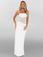 Burgundy Lace Panel Bodycon Maxi Dress with Tie Straps