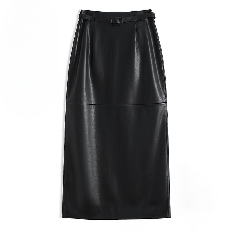 Close-up of matching leather belt detail on waist