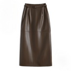 Side profile of leather midi skirt showing structured panel detailing