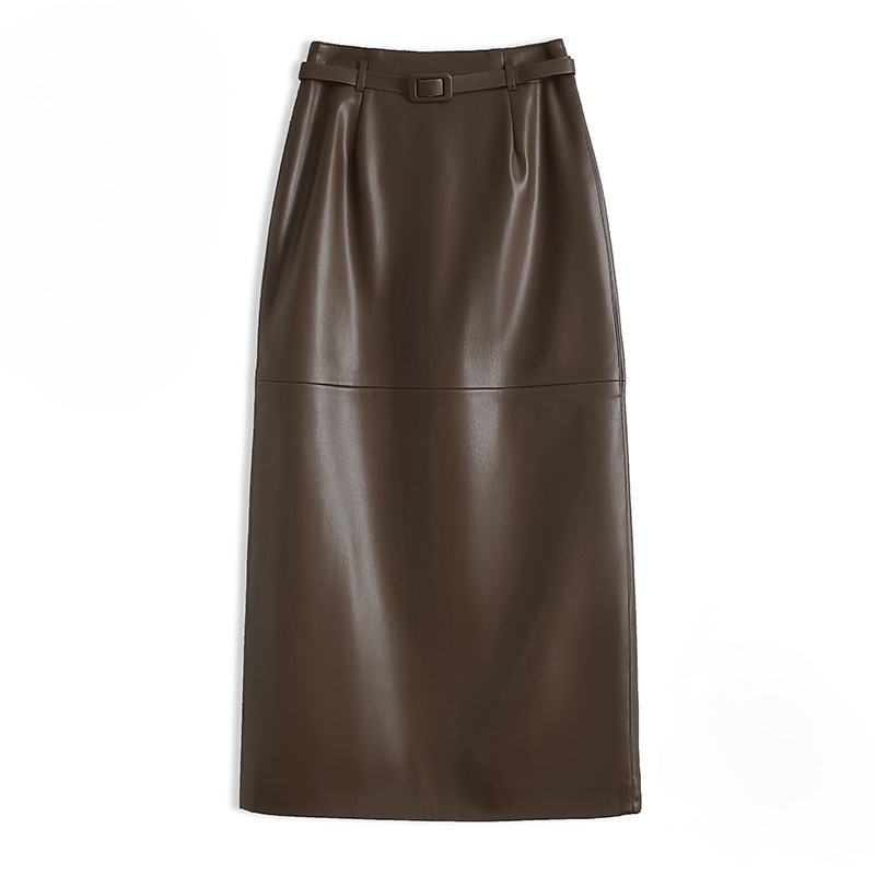 Side profile of leather midi skirt showing structured panel detailing